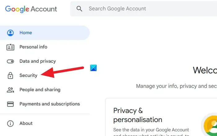 Security tab in Google Account Security tab in Google Account