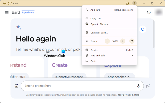 Bard AI app Chrome options Bard AI app Chrome options