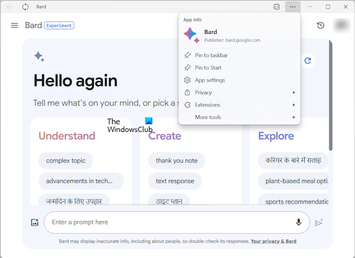 Bard AI app Edge options Bard AI app Edge options