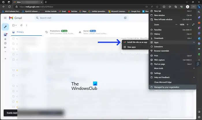 Gmail app on Windows by using Edge Gmail app on Windows by using Edge